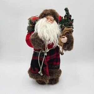 Plaid & Faux Fur Decorative Santa W/Backpack & Pine Cone Accents Holiday Decor